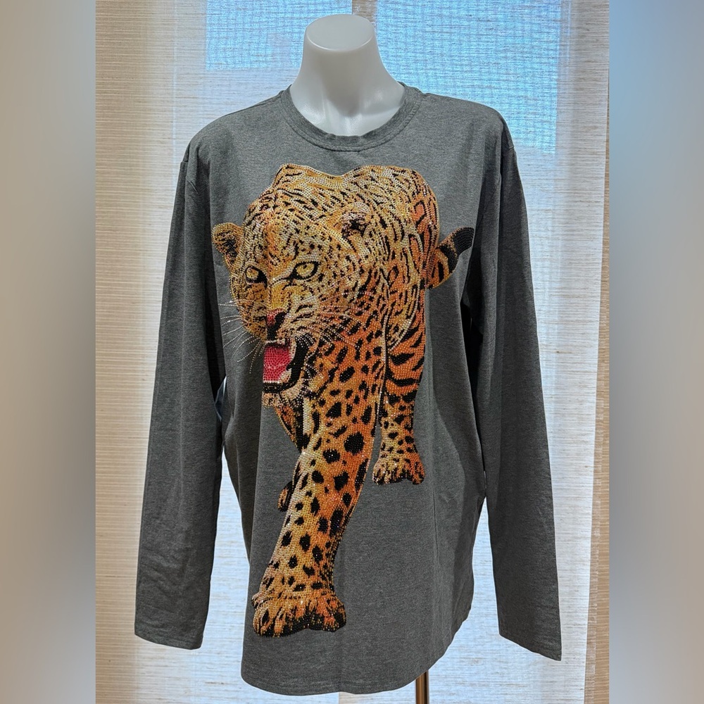 Heads or Tails Gray Cotton Leopard Rhinestones Long Sleeve Tee Men XL